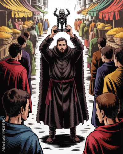 Medieval Monk Raising Dark Idol in Crowded Market Street, Dramatic Fantasy Illustration with Colorful Bazaar Scene