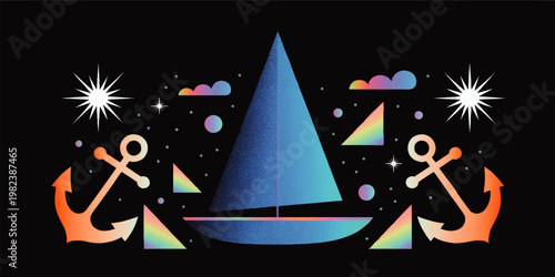 Colorful geometric sailboat with anchors, stars and abstract cosmic shapes on Black background, modern nautical vector design