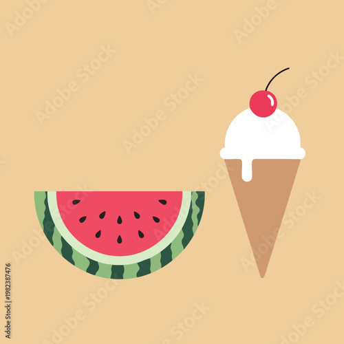 Refreshing Summer Fruits and Ice Cream Treat with Watermelon and Cherry Topping