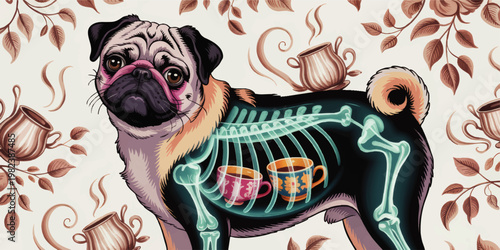 Whimsical pug anatomy illustration with x ray ribs and teacups inside body, surreal veterinary art with floral tea pattern