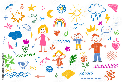 Hand drawn colorful doodle elements set featuring children, rainbow, sun, clouds, flowers and decorative shapes. Cute playful illustration in naive style suitable for kids design, education, posters