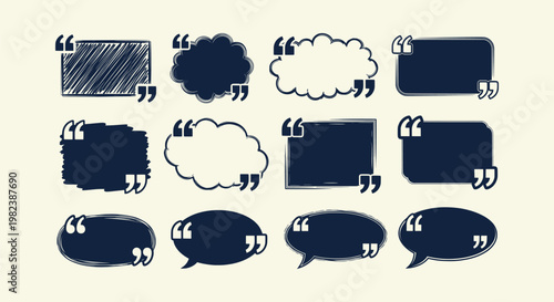 Hand Drawn Quote Boxes and Speech Bubble Icon Set with Textured Grunge Style for Creative Design