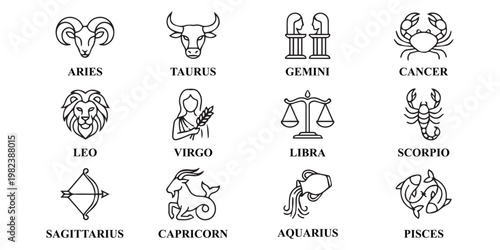 Minimal Zodiac Astrology Icon Set.
