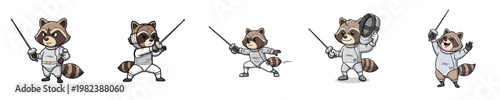 Cute Animal Raccoon Fencing Character Set Flat Design Vector Illustration Collection Action Pose