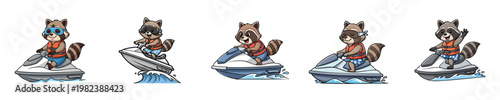 Jet Ski Raccoon Mascot Character Flat Vector Water Sport Illustration Set