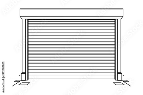 Automatic Garage Door and Roller Shutter Line Drawing for Home Privacy and Security Protection, Simple Flat Vector Illustration of a Closed Metal Gate for Warehouse, Storage, or Shop Front.