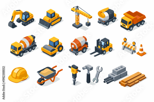 Isometric 3D construction icons set featuring heavy machinery like excavator, bulldozer, crane, dump truck, cement mixer, road roller, forklift, tools, safety gear, and building materials isolated.