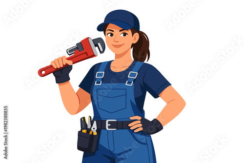 Professional female plumber or mechanic in blue overalls and cap holding a large red pipe wrench. Confident tradeswoman with tool belt and gloves, flat vector illustration isolated on white.