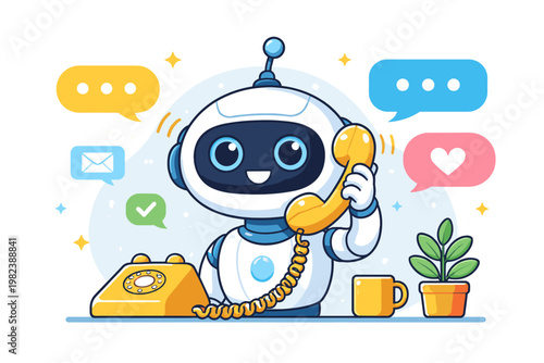 Friendly Robot Customer Support Assistant Communicating via Telephone with Chat Bubbles, Heart, and Email Icons, Cute AI Chatbot Character in Flat Vector Illustration for Modern Tech Services