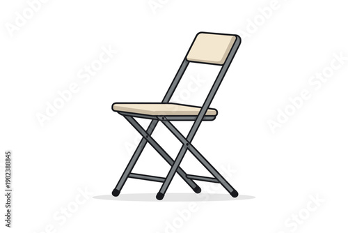 Minimalist folding chair illustration, simple flat vector design of a portable beige seat with grey metal frame, isolated on white background for interior design, event planning, and office furniture.
