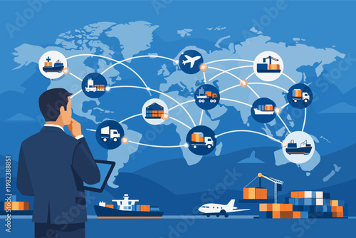 Professional manager overseeing a complex global logistics network with interconnected transport hubs, cargo ships, airplanes, and trucks across a world map for international trade operations.