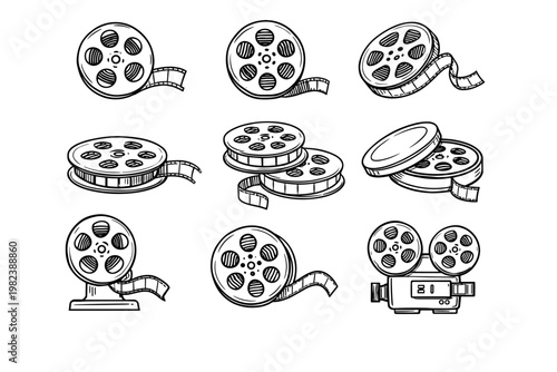 Hand Drawn Line Art Film Reel Icons Set Featuring Various Movie Reel Designs for Cinema and Video Production, Vintage Film Projector Sketch, Doodle Collection for Entertainment Industry Vector