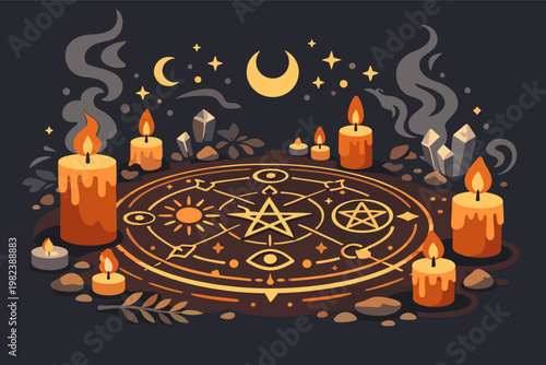 Magical ritual circle with burning candles, mystical symbols, crystals, and smoke. Esoteric occult ceremony illustration with pentagram, moon, and stars for witchcraft and spiritual practices.
