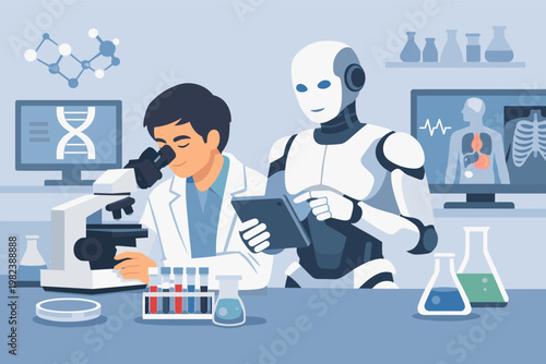 Professional scientist and advanced humanoid AI robot collaborating in a modern medical laboratory, conducting biotechnology research with microscope and digital tablet for healthcare innovation.