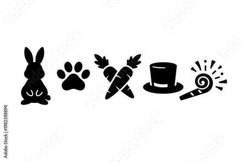 Set of black silhouette icons for Easter and celebration featuring a cute bunny rabbit, animal paw print, crossed carrots, magician top hat, and a party blower for festive holiday graphic designs.