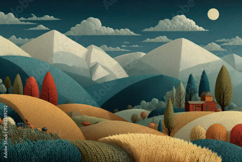 Stylized Mountain Landscape with Rolling Hills, Trees and House under Moonlight Illustration