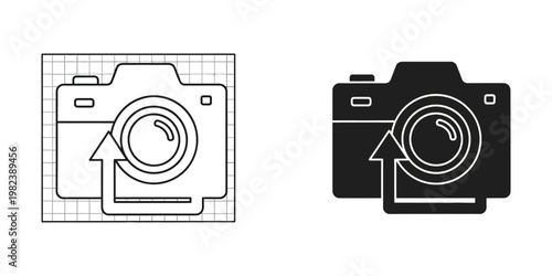 Comparison of camera designs in wireframe and solid line illustrations