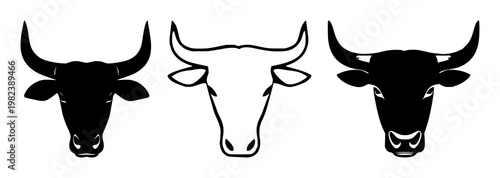 Bull head icon set with solid black illustration on white background featuring finance, stock market, bullish symbol with minimal and vector design