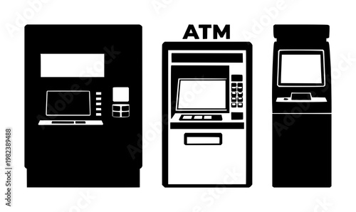 ATM icon set with solid black icon on white background featuring cash withdrawal, banking, electronic device with money and machine