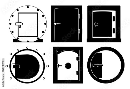 Bank vault security door set with a solid black icon design featuring a safe, lockbox, strongroom with a steel door and handle