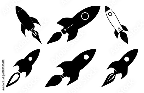 Venture capital startup rocket set with solid black icon on white background featuring startup, venture, finance with entrepreneurship and growth