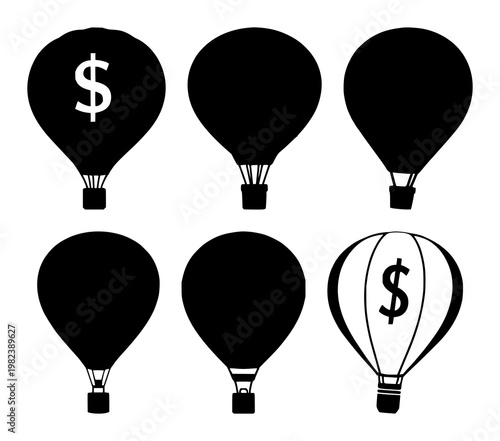 Financial inflation balloon set with solid black icon on white background featuring inflation, balloon, icon with finance and stock market