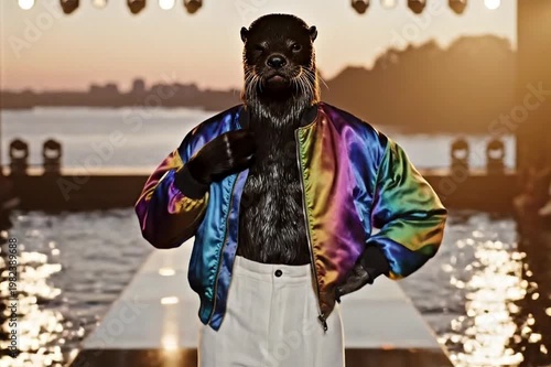 An otter-human hybrid with smooth fur and playful expression, wearing stylish casual fashion, walking and interacting on a water-edge runway, cinematic lighting, smooth motion, ultra realistic, 4k
