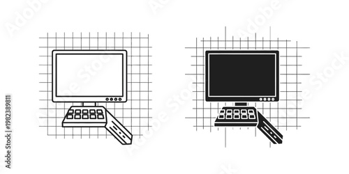 Comparison of an active and a powered-off computer monitor with attached keyboard units