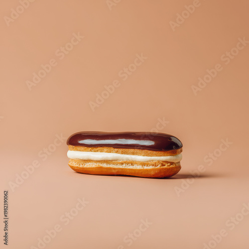 beautifully arranged chocolate eclair is elegantly displayed on clean solid background