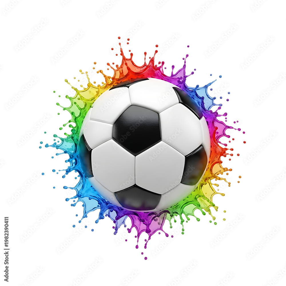 Naklejka premium Vibrant rainbow liquid splash surrounds leather soccer ball in centered composition.