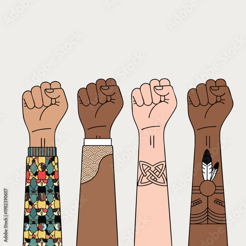 Diverse Hands Raised in Unity and Empowerment for Social Justice and Equality