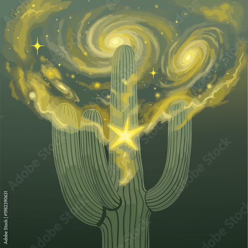Abstract Digital Illustration of a Bright Starburst and Cosmic Swirls