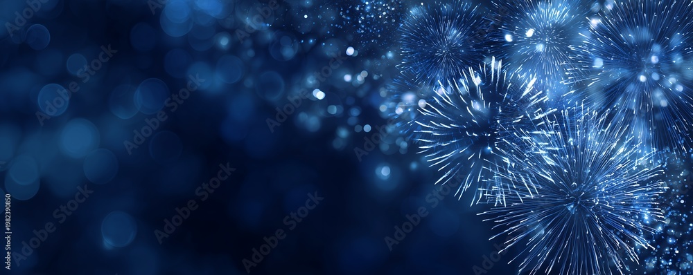 Fototapeta premium Festive blue fireworks exploding in the dark night sky with shimmering bokeh lights and sparkles, concept for New Year celebration, holiday greeting card and corporate event backdrop