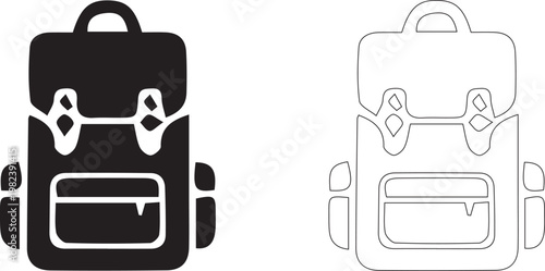 Travel backpack icon set with black solid and thin outline versions for hiking camping school and outdoor adventure design