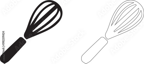 Kitchen Whisk Icon Set - Cooking Tool, Baking Utensil and Chef Equipment Symbol in Black and White Line Art