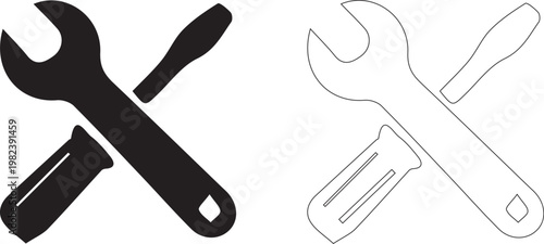 Crossed Wrench and Screwdriver Icon Set - Repair Tools, Mechanic Service and Maintenance Symbol in Black and White Line Art
