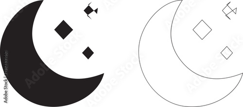 Crescent Moon with Diamond Shapes Icon Set - Night Sky Symbol, Luxury Night Concept and Celestial Design in Black and White Line Art