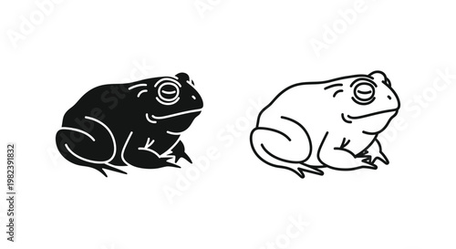 Frog icons, black and white, vector illustrations, amphibian symbols, line art