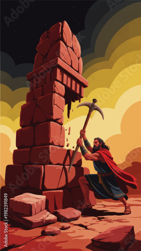 Biblical Samson Pulling Down Temple Pillar with Strength, Dramatic Old Testament Hero Illustration at Sunset