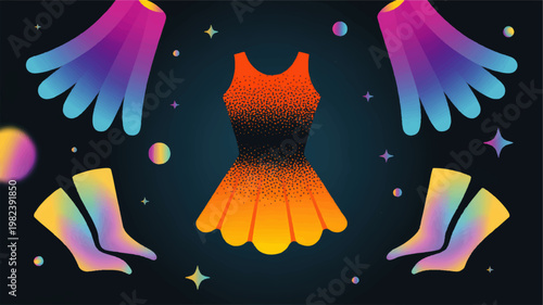 Abstract cheerleading sports scene featuring a vibrant textured orange dress floating neon gloves and colorful socks on a dark starry background