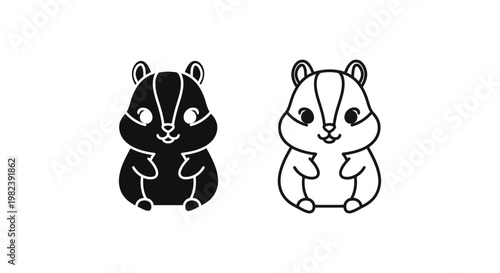 Cute skunk icons, black and white vector illustrations, animal symbols, cartoon style