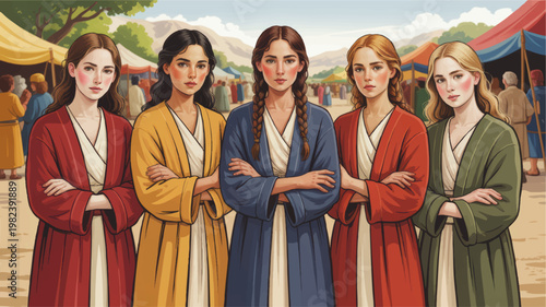 Five young women in colorful biblical robes at ancient marketplace, historical portrait illustration with desert tents