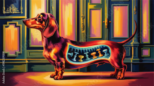 Surreal Dachshund X Ray Illustration with Chess Pieces Inside Body in Vibrant Pop Art Interior, Whimsical Canine Concept