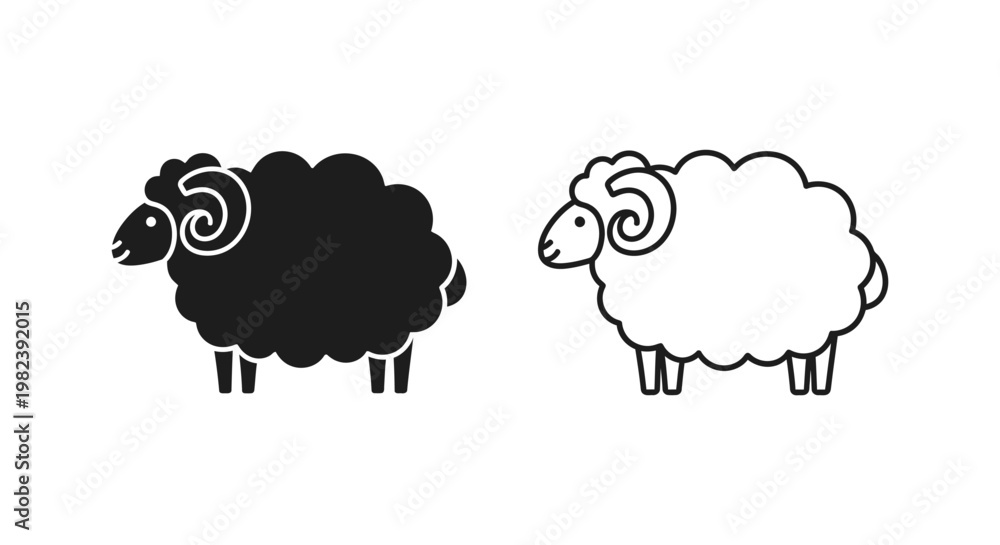 Obraz premium Sheep icons, black and white sheep silhouettes, farm animal graphics, vector illustrations
