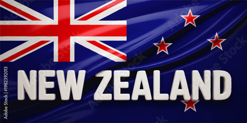 New Zealand flag illustration with bold lettering, patriotic national banner design in blue red and white, travel and identity concept