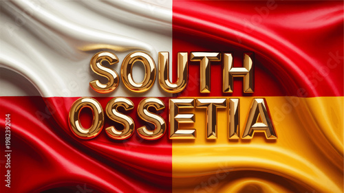 South Ossetia Text on Waving Flag Background, Glossy Golden Typography Over Red White and Yellow National Banner