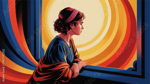 Retro pop art portrait of thoughtful woman in profile by window with radiant sun circles, bold blue orange red vintage design