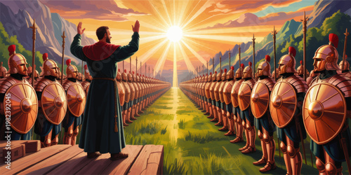 Biblical leader raising hands before armored army beneath radiant sun in mountain valley at dramatic dawn, heroic sacred scene