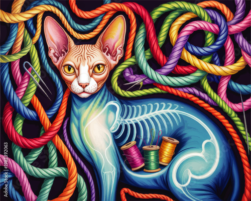 Surreal Sphynx Cat Anatomy Illustration with Colorful Yarn Threads, Needles and Spools on Dark Background