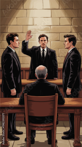 Dramatic courtroom oath scene with witness testimony, judge bench, suited men, and vintage justice interior illustration